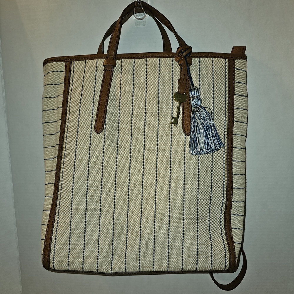 Rare find, fossil, Camilla cream and blue stripe with tan leather backpack purse